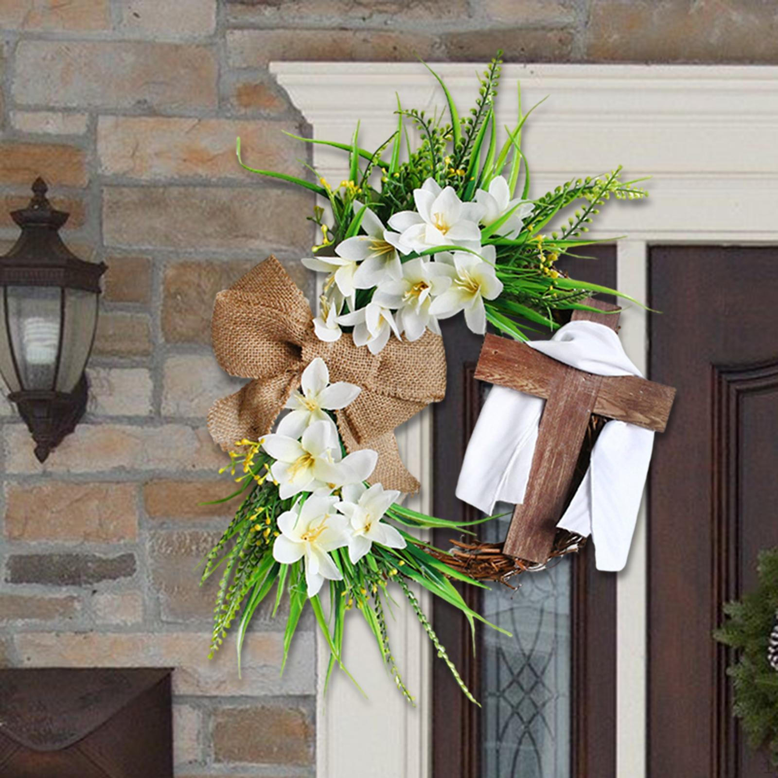 Пасхальный Венок Букет Гирлянда Ротанг Сельский с Крестом Весенний для Входной Двери Вечеринки Фермерского Дома white 35cm