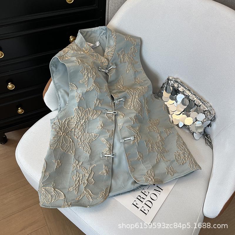 Blue butterfly embroidered vest temperament disc buckle sleeveless versatile European early spring top