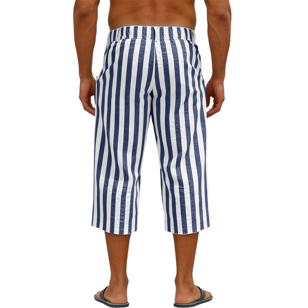 Men's Sports and Casual Striped Cropped Pants with Elastic Waist Straight Leg