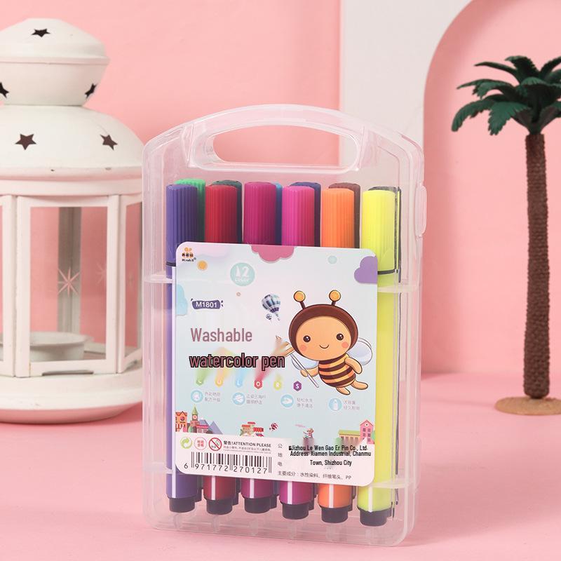 Washable Hard-Tip Watercolor Pens for Kids, 12 Colors, Triangular Barrel, Large Capacity, Boxed Set.