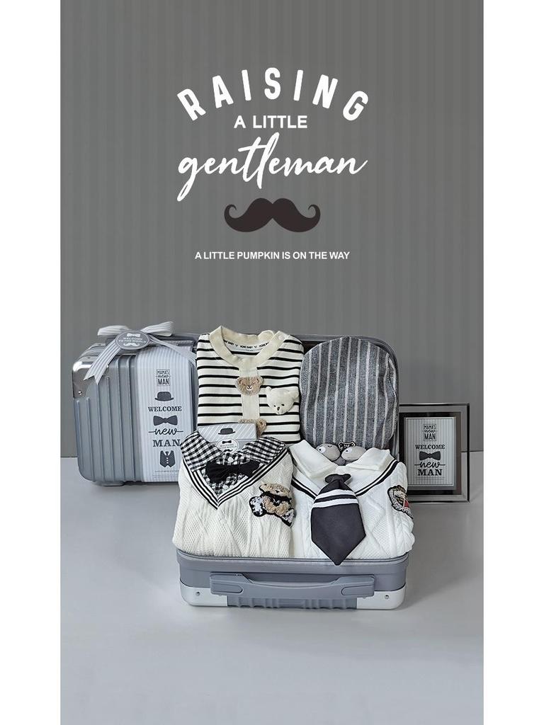 Newborn Baby Boy Gift Box: Off-White & Grey Striped Outfit - High-End Spring Festival Full Moon Collection