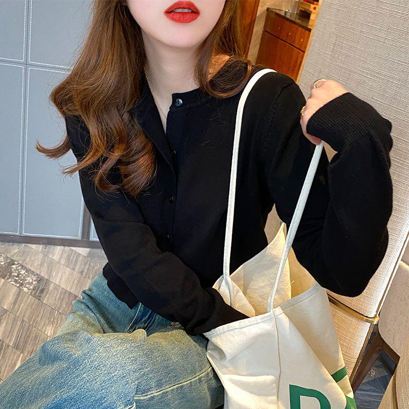 Spring & Autumn 2025 Solid Color Round Neck Slimming Knit Cardigan - Versatile Korean Style Long Sleeve Women's Top