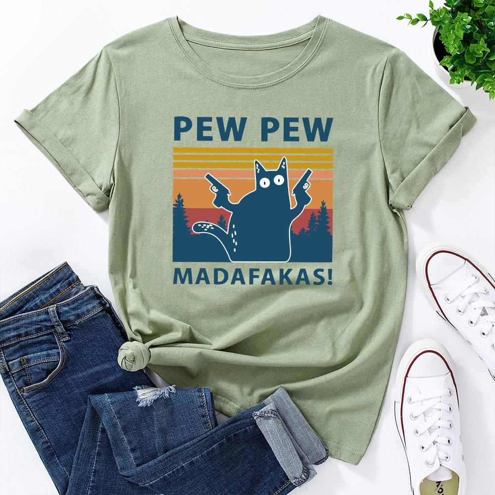 PEW Letters Cotton T-Shirt Short Sleeve Round Neck Women 2d Print Tops