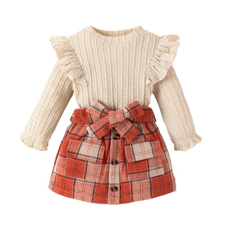 

Детский комплект детской одежды с топом с длинными рукавами для девочек и клетчатой ​​юбкой с бантом 3-4Y