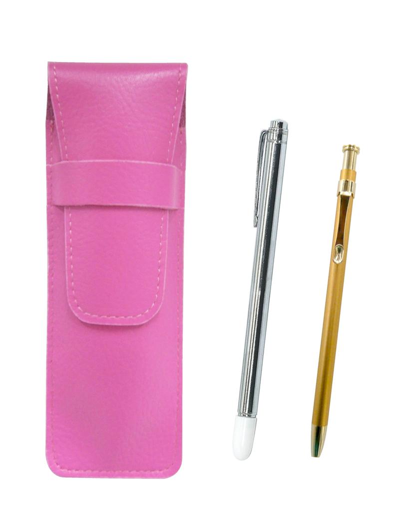Pink Grained Leather Pen Case with Metal Pointer and Slim 60 Gold Ballpoint Pen Set (SASP-701S-SV60KBP)