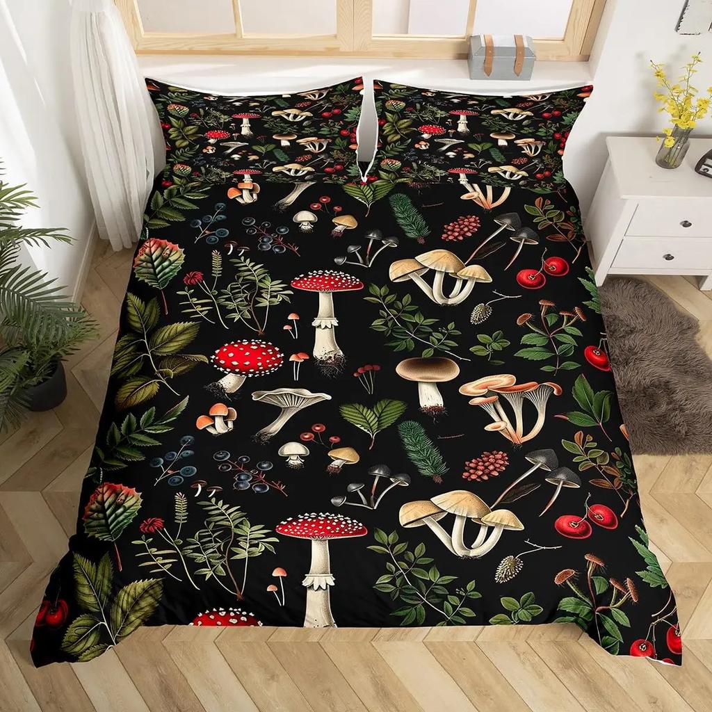 Comforter Cute Mushroom Bedding Set King Queen Size Botanical Comforter Wild Fungus Colorful Plants Leaves