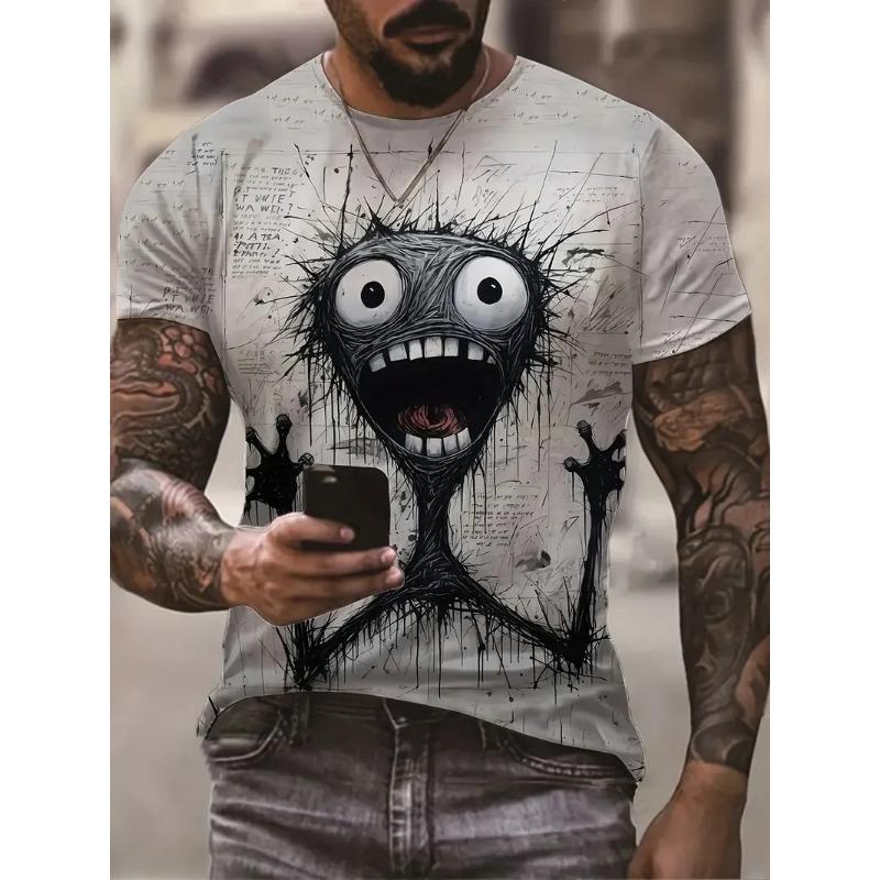 Novel And Chic 3d Digital Smile Monster Style Graphic T-Shirt Summer Fashion Everyday Casual Crew Collar Short Sleeve Loose Top