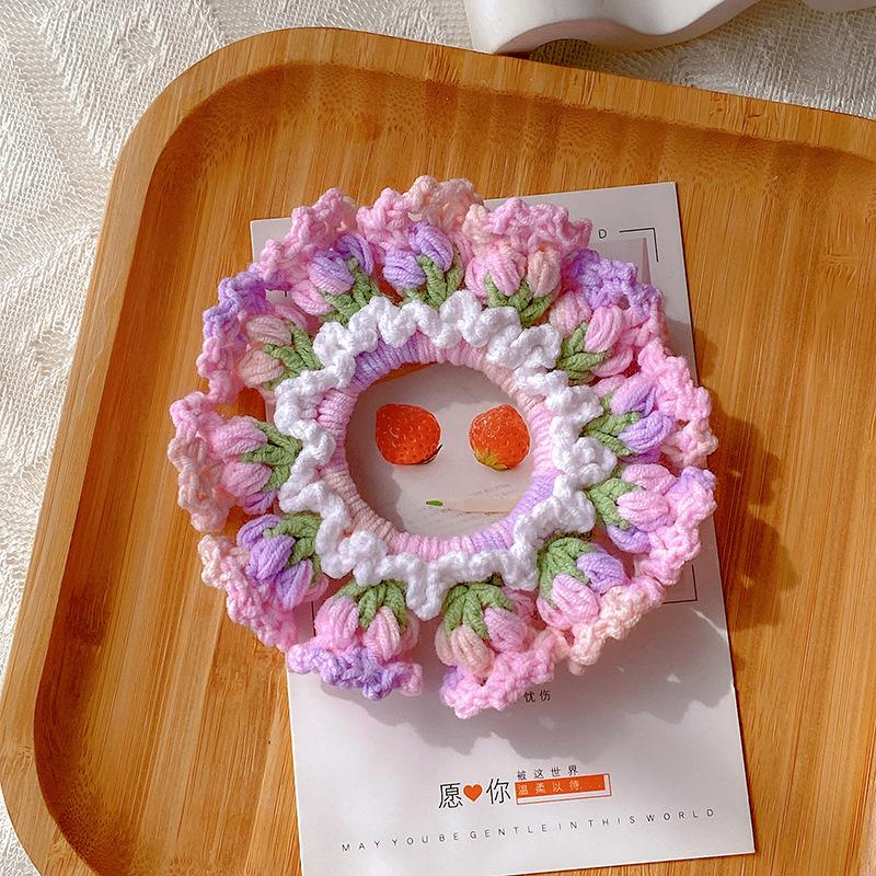 Women'S Spring And Summer Pure Handmade Crochet Flower Ponytail Headband, Meatball, Scalp Tendon Hair Rope