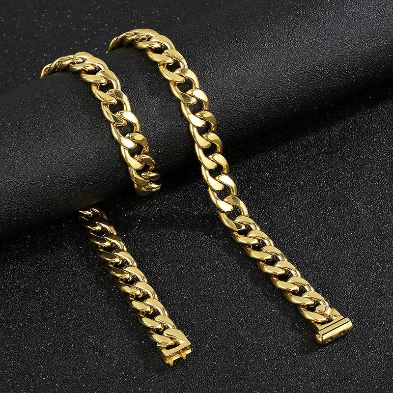 Kalen 10/12/13MM Cuban Chain Heavy Bracelet Shiny Necklace for Men 316L Stainless Steel Gold Color Jewelry Birthday P arty Gift
