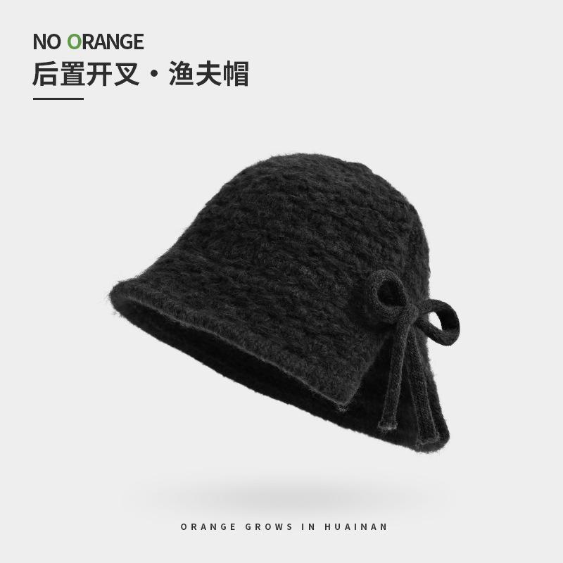

Knitted fisherman s hat children s winter bow warm ear protection bucket hat high-grade face small wool hat 56-59CM