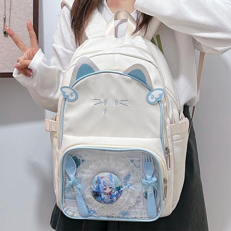Large-capacity Schoolbag, Female Junior High School Student Kitten Backpack, Student Japanese Pain Bag Ins Wind Transparent Backpack Tide