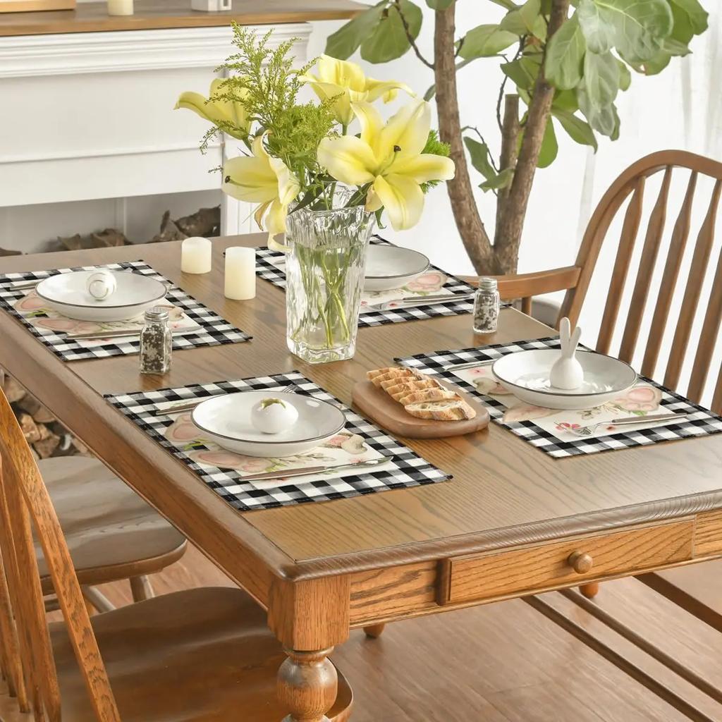 1PC Easter Placemats Buffalo Plaid, Bunny Ear Foot, Flower,Seasonal Table Mats for Party, Kitchen, Dining Decor