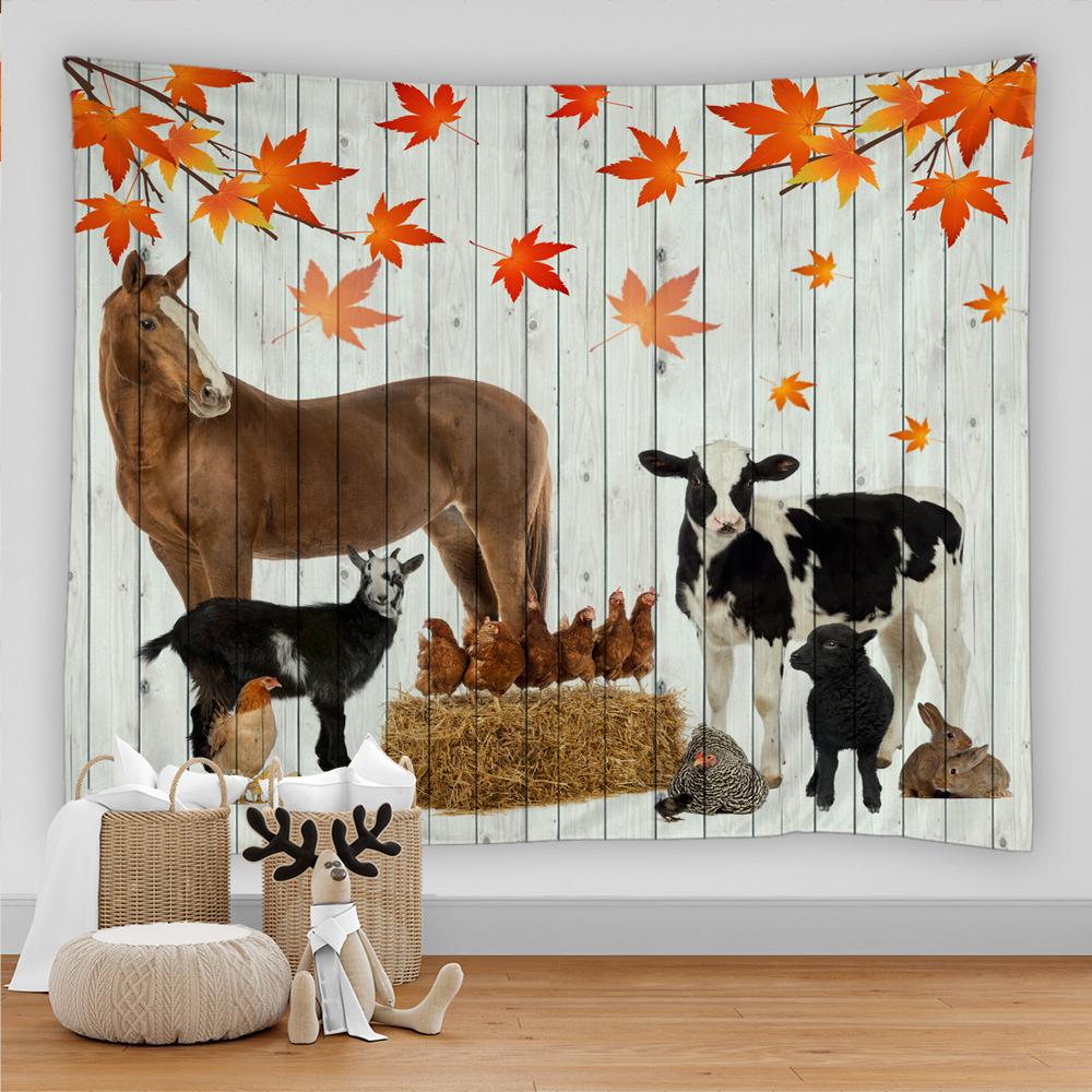 Vintage Retro Wood Grain Farm Animal Tapestry Wall Hanging Flowers and Plants Horse Cow Chicken Tapestry Home Decor