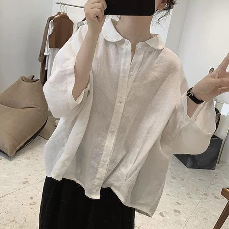 Women's Retro Cotton Linen Shirt - Loose, Slimming Five-Point Sleeve Summer Top (2026 Design)