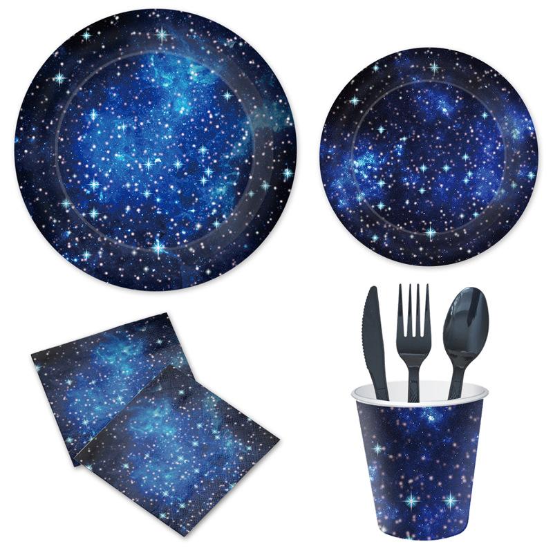 Mörkblå Stjärnhimmel Tema Födelsedagsfest Set Galax Interstellär Papperstallrik Pappersmugg Stjärnhimmel Nattfest Fest Servis