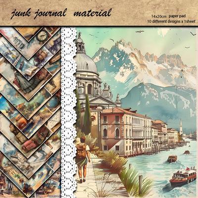 Retro Barcelona Seeufer Materialpapier - Europäische Städte Meeresmuster DIY, 10 Blatt