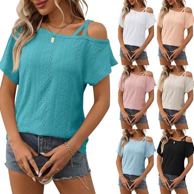 T-shirt d'été pour femme, couleur unie, épaule unique, manches courtes, haut ajouré pour femme, chemise