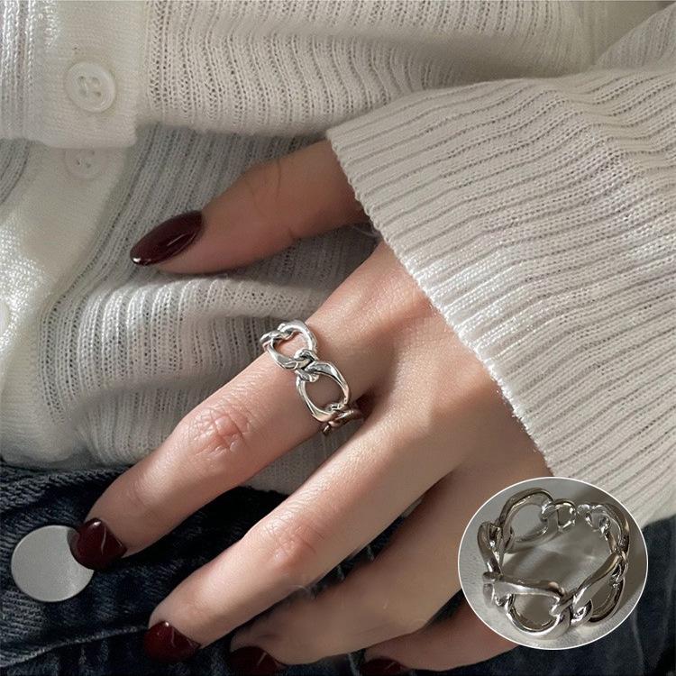 Ring im koreanischen Stil aus S925 Silber mit geometrischem Durchbruchmuster, unregelmäßig, Vintage für Damen - Schwerindustrielles Temperament, verstellbarer schlichter Ring für den Zeigefinger.
