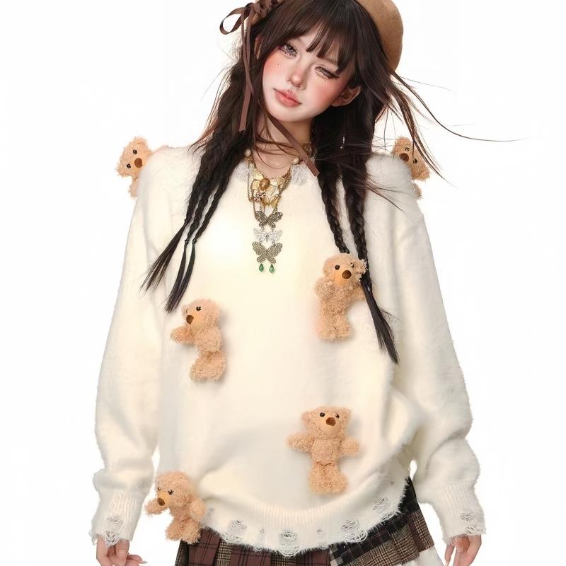 Sweet and Lazy Sweater Women's Bear Accessories Soft Waxy Autumn and Winter Loose Long-sleeved Knitted Sweater Top Women's Clothing