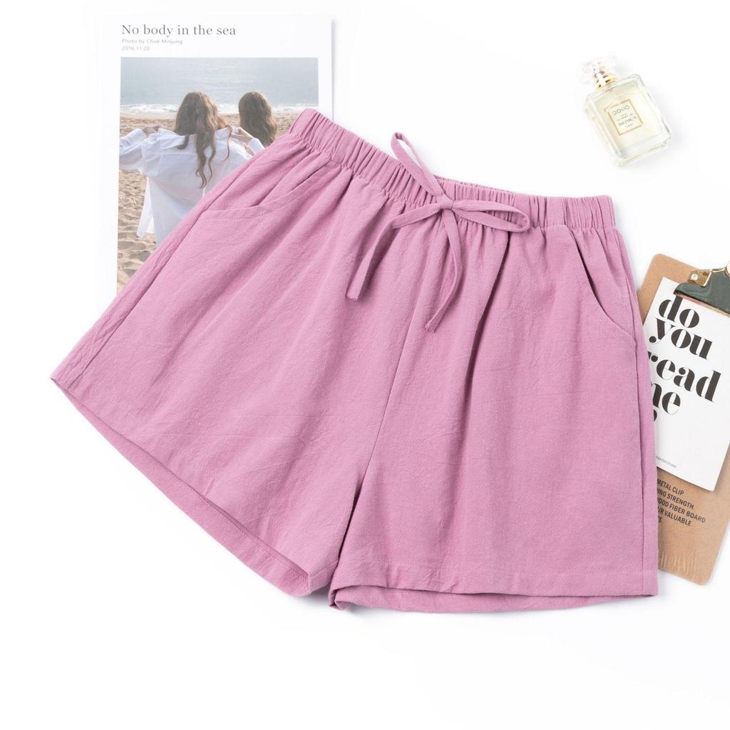 Women's Summer Cotton Linen Trousers Solid Color Elastic Waist Wide-leg Short Pants