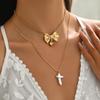 European and American Double-Layer Bow Heart Faux Pearl Pendant Necklace for Women - High-End Niche Design