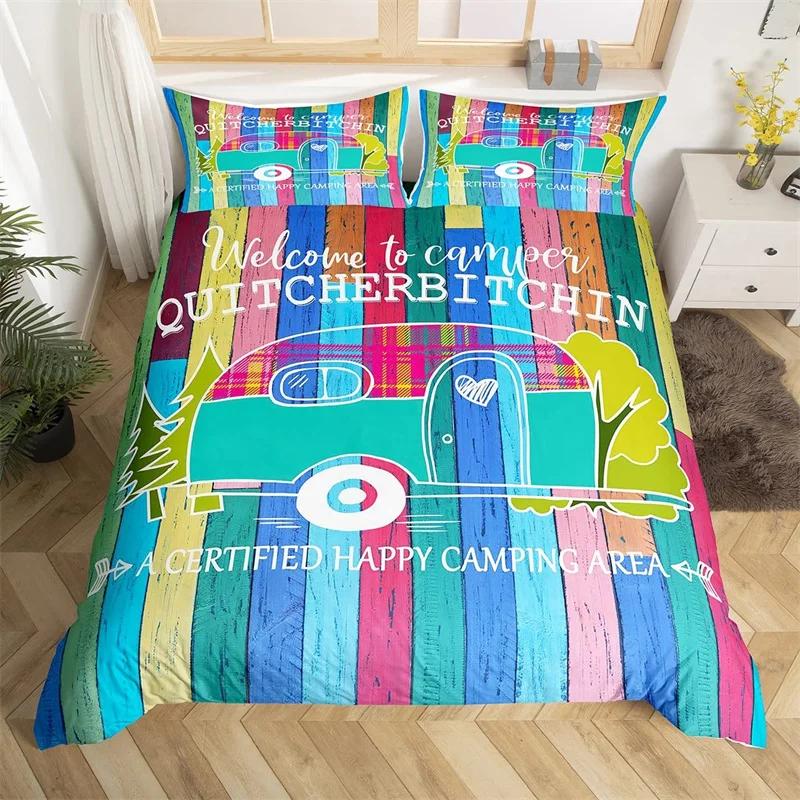 Camper Bedding Set Vintage Cabin Twin Full King Duvet Cover Cartoon Camp Travel Car Quilt Cover Farmhouse Style Comforter Cover