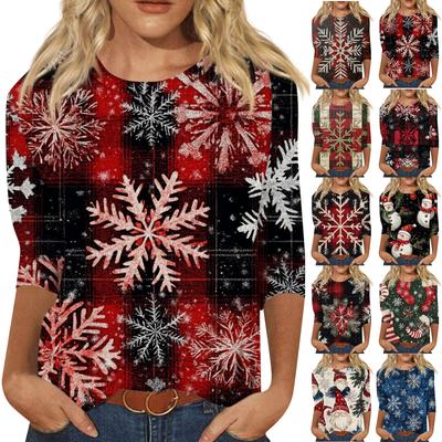 Women's Fashion Casual Seven Sleeve Christmas Printed Round Neck Top