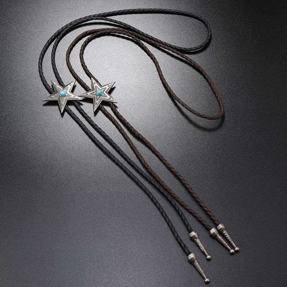 Boho Five-pointed Star Bolo Tie PU Woven Bronze Butterfly Choker Turquoise Feather Necklace  Men