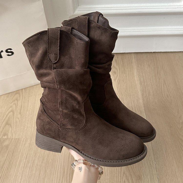 

Модные женские ботинки Comemore на массивном каблуке, ботинки до середины икры, женская осенняя обувь, повседневные однотонные замшевые ковбойские боты в западном стиле 35 кофейный