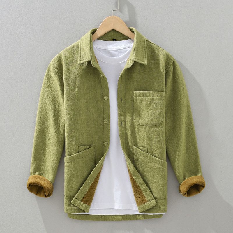 With Tags Removed, Turn-Down Collar, Fleece-Lined, Ramie Long-Sleeve Men's Winter Cotton-Linen Japanese-Style Casual Shirt, High-End Feel Jacket