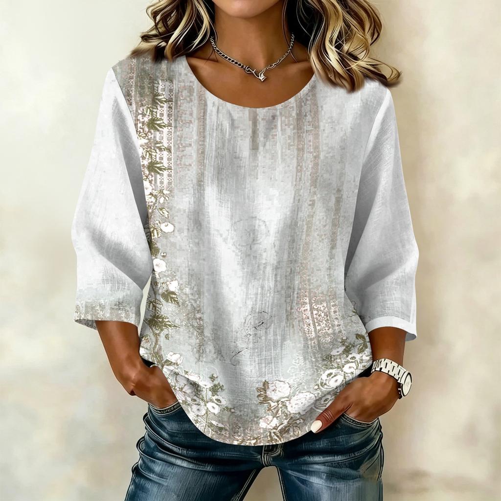 Damen Casual Blumenmuster Rundhals Dreiviertelarm Baumwolle Leinen Oberteil Leicht Atmungsaktive Bluse für den täglichen Gebrauch