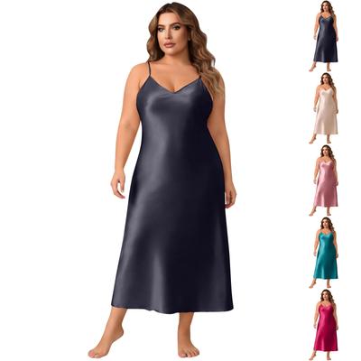 Satin slipkjole til kvinder, plus size, med tynde stropper, V-hals, midi, natkjole, blødt, silkeagtigt nattøj til damer, behageligt loungewear