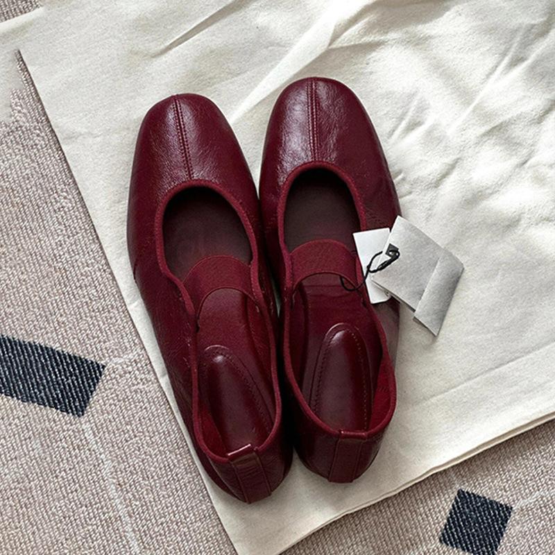 Sheepskin version~ niche new Korean version of red leather ballet Mary Jane women's shoes elastic band single shoes women's flat bottom