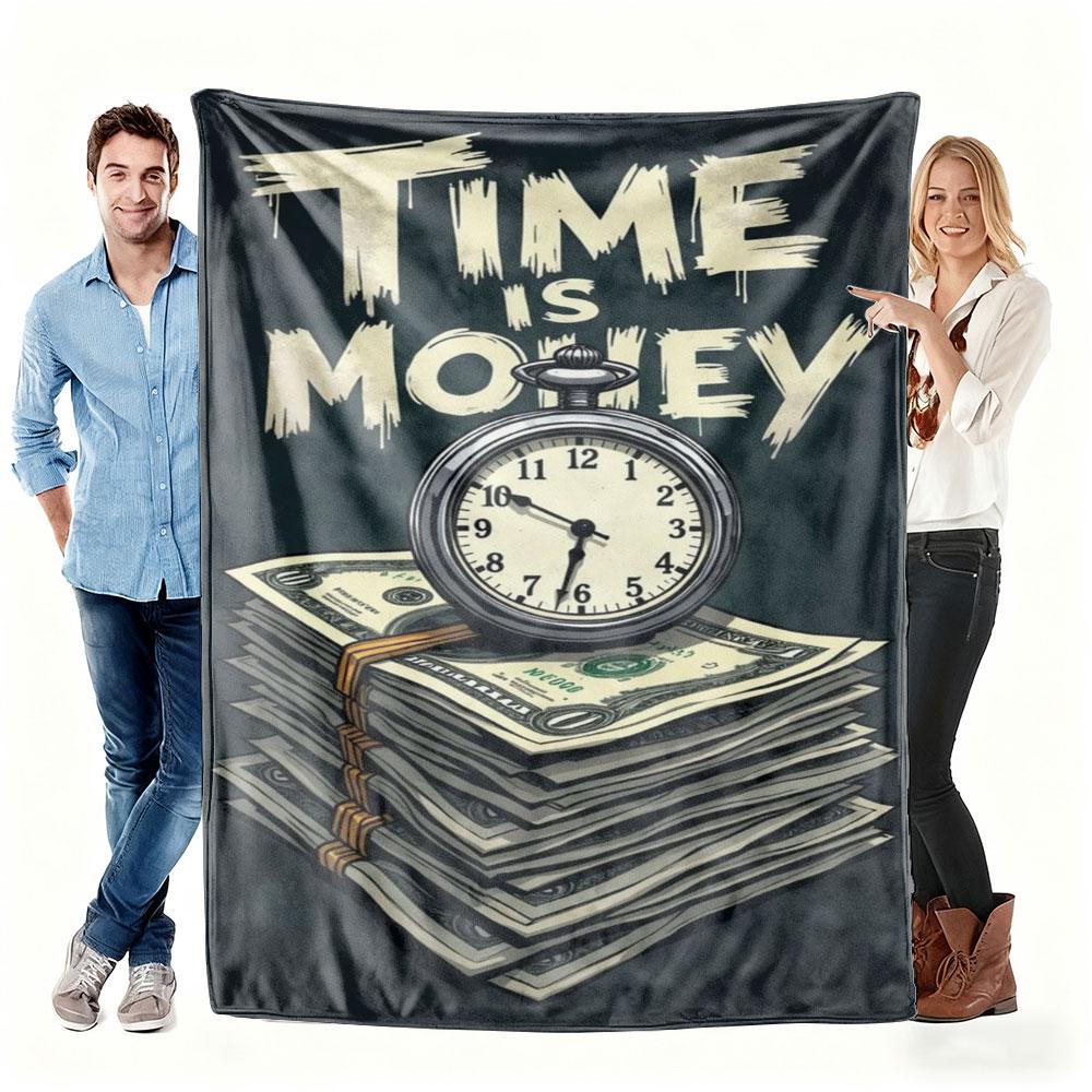 Clock and Cash Combination Flannel Printed Blanket Suitable for All Seasons Suitable for Living Room Office Sofa and Travel