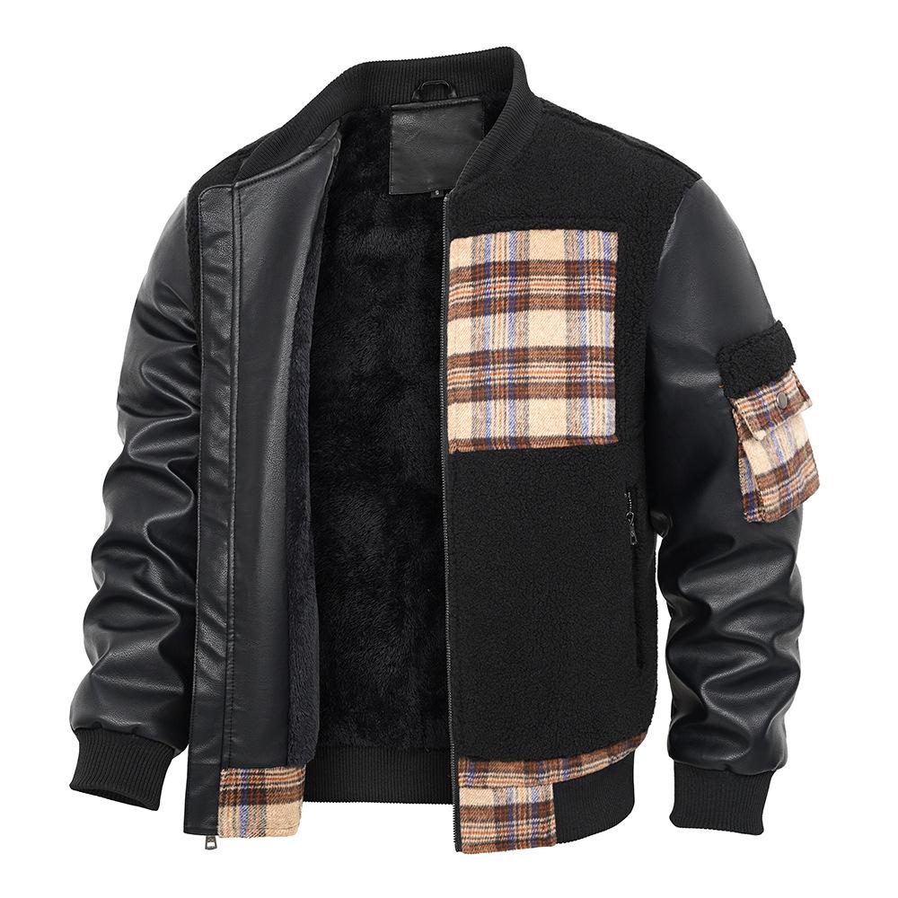 Autumn and winter PU fleece splicing leather jacket plaid jacket OZON thermal flight suit