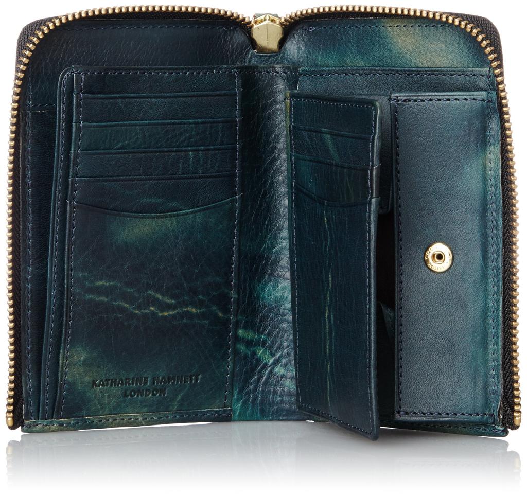 Katharine Hamnett London Wallet, Premium Italian Vegetable Tanned Leather, FLUID, Large Zipper, Medium Size, Box, Blue