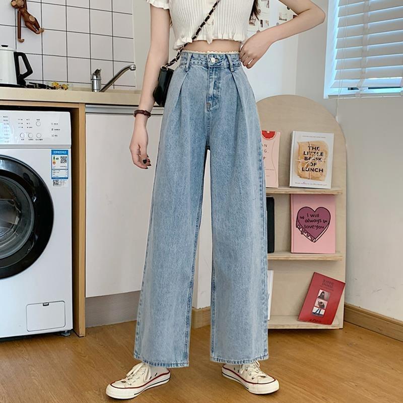Lace-edged High-waisted Jeans Women's Wide-leg Pants Loose Straight Dad Pants Vintage and Thin Pants