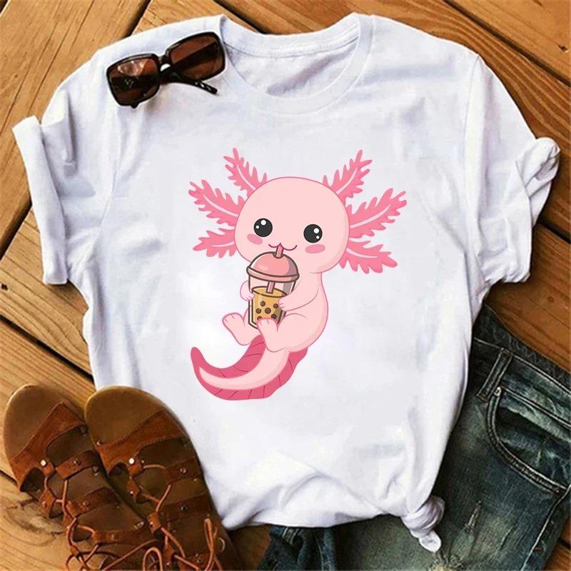 Funny Axolotl T Shirt Women Relaxolotl Kawaii Short Sleeve T-shirt Women's Clothing Summer Tops Y2k Casual Cartoon Graphic Tee