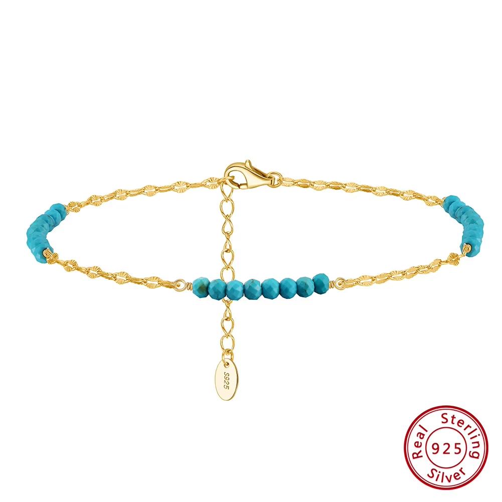 ORSA JEWELS Fashion 3mm Turquoise Gemstone Beads 925 Sterling Silver Butterfly Chain Anklet for Women Summer Beach Jewelry SA85
