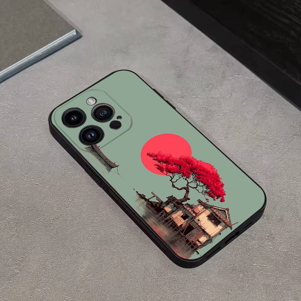 Japan Style Ukiyo-e New For iPhone 17,16,15,14,13,12,11,Pro,Max,Plus,E,SE4,Air,Mini Black Soft Cover Phone Case