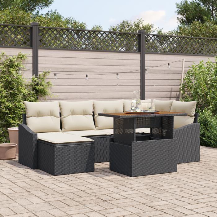 VidaXL Ensemble de canapé de jardin de 7 pièces avec coussins noir en rattan poly 3358595