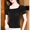 New Summer Korean Women Shiny Beading T-Shirt Clothes Chic Sexy Square Neck Ruffles Tops Short Sleeve All Match Tees Blouse