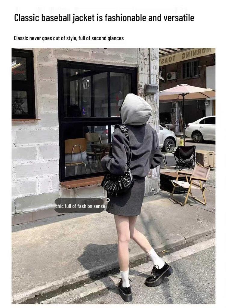 Women's Gray Woolen Skirt & Baseball Jacket Set - Korean Academy Style