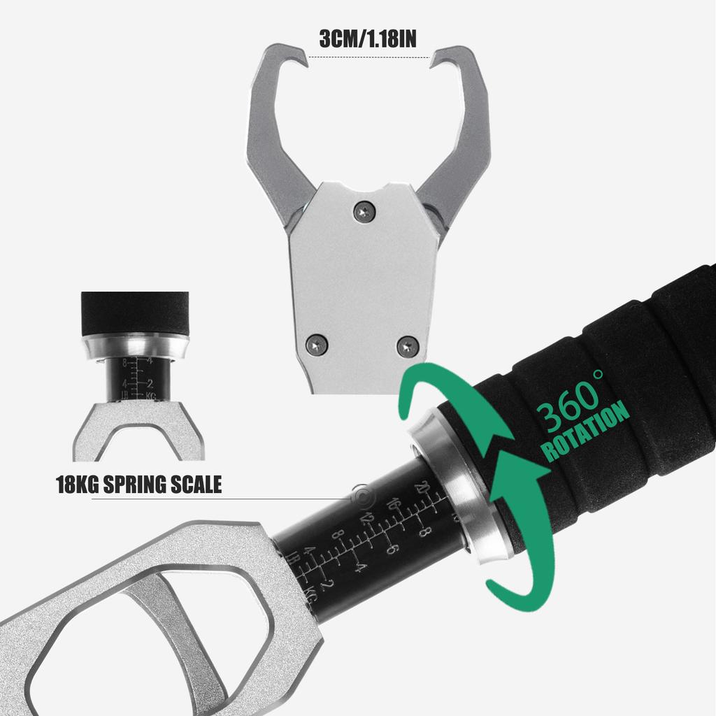 Nuovi Pinze Impugnatura Pesca in Lega di Alluminio Accessori Dispositivo di Controllo Pesci con Bilancia 18kg Bilancia a Molla Rotazione 360° Strumento di Presa Regolabile Acqua Salata