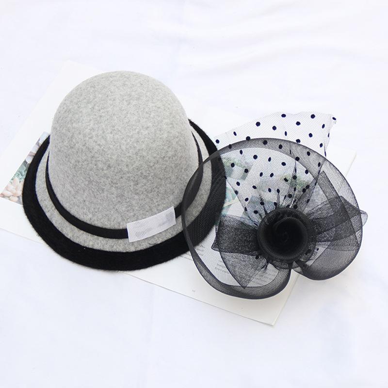Autumn And Winter Woolen Hat Mesh Flower Women Versatile Basin Hat Bucket Hat British Retro Wedding Fashion Top Hat