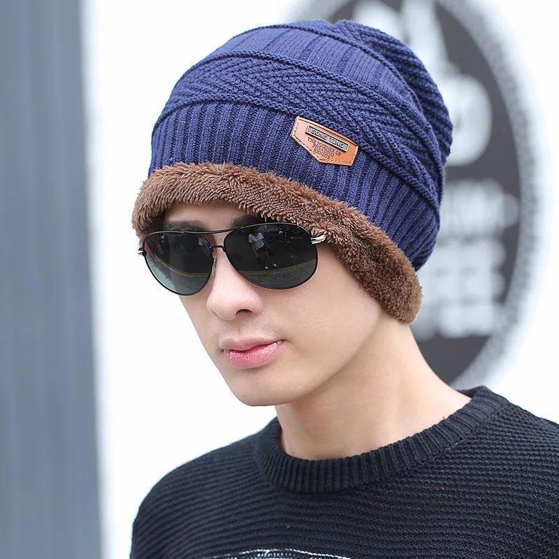 Scaldaorecchie Invernali da Uomo e Cappello in Maglia di Velluto con Protezione per il Collo Ispessita - Set da Due Pezzi