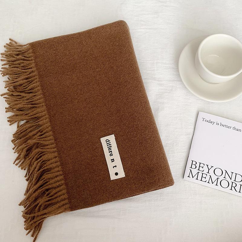 Flowing Fringe, Color-blocked, Simple Design, Faux Cashmere-like Scarf, Winter-thick, Cape-style, Student-friendly, Solid Color.