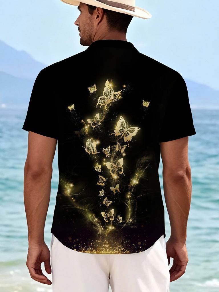 [Print Design – Not Textured] Men'S Dark Night Gilded Butterfly Print Shirt, Aesthetically Restrained Light Luxury Short Sleeve, Suitable As a Gift,