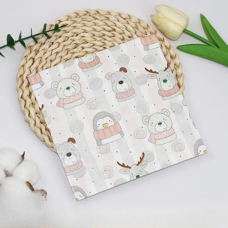 

Cartoon Animal Napkins, 33cm 2-Ply Cute Bear Dog Penguin Deer with Scarf on Pink & Multicolor Striped Dotted Background for Kids Birthday Party, 20pcs