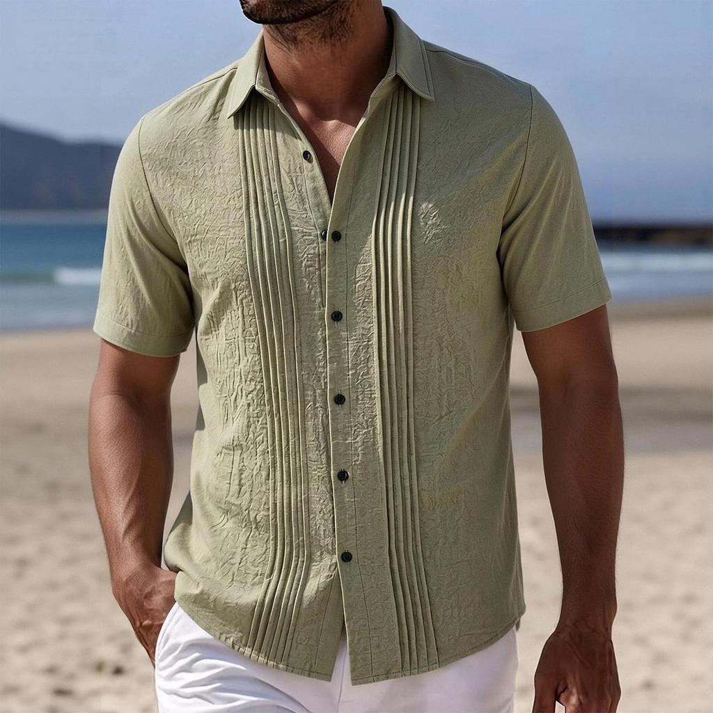 Men's Linen Shirt Short Sleeve Button Front Pleated Casual Summer